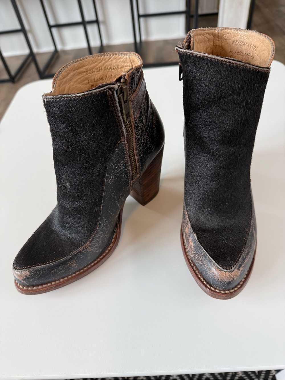 Bed Stu Black Pony Hair & Brown Trim Ankle Boots